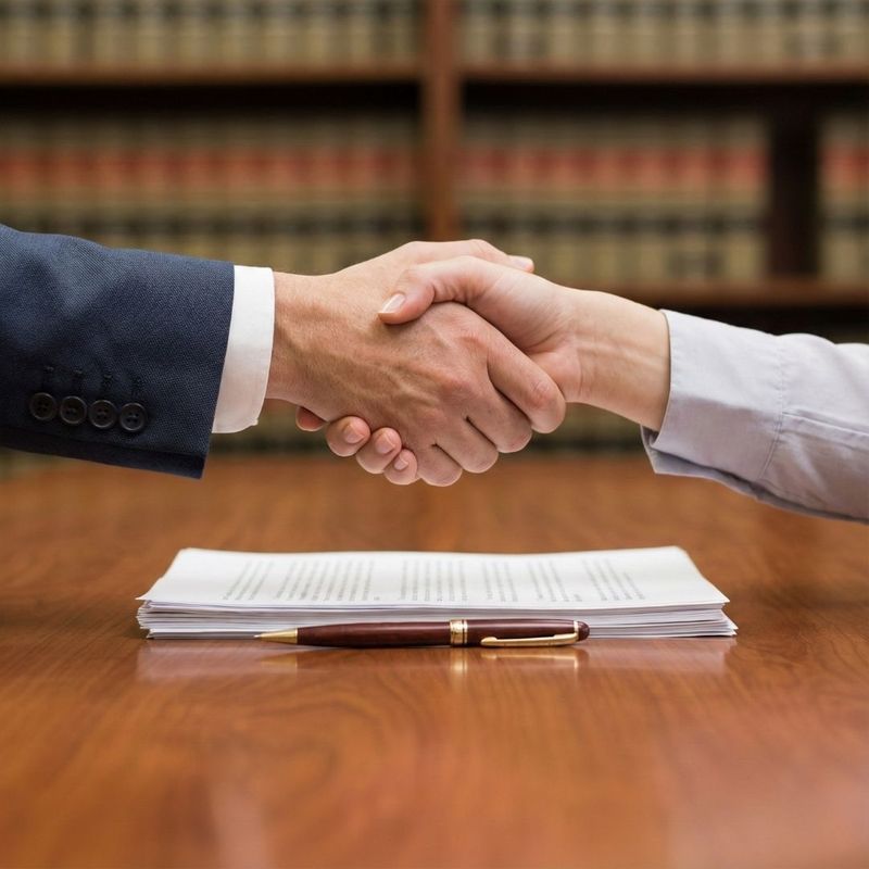 A lawyer's hand and a client's hand meeting over legal documents on a desk, symbolizing consultation and legal guidance.