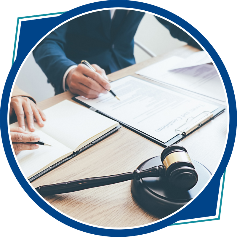 attorneys writing, gavel in foreground