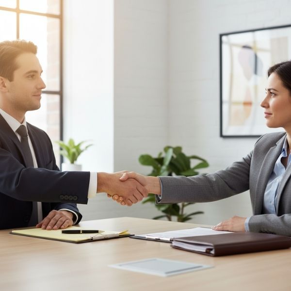 A lawyer and client shaking hands across a table in an office, symbolizing professional legal counsel and support.