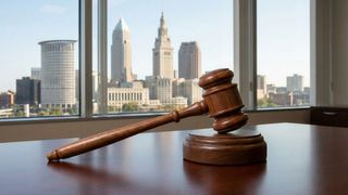 Gavel on desk with Cleveland skyline background representing criminal defense at Elkhatib Law Office.